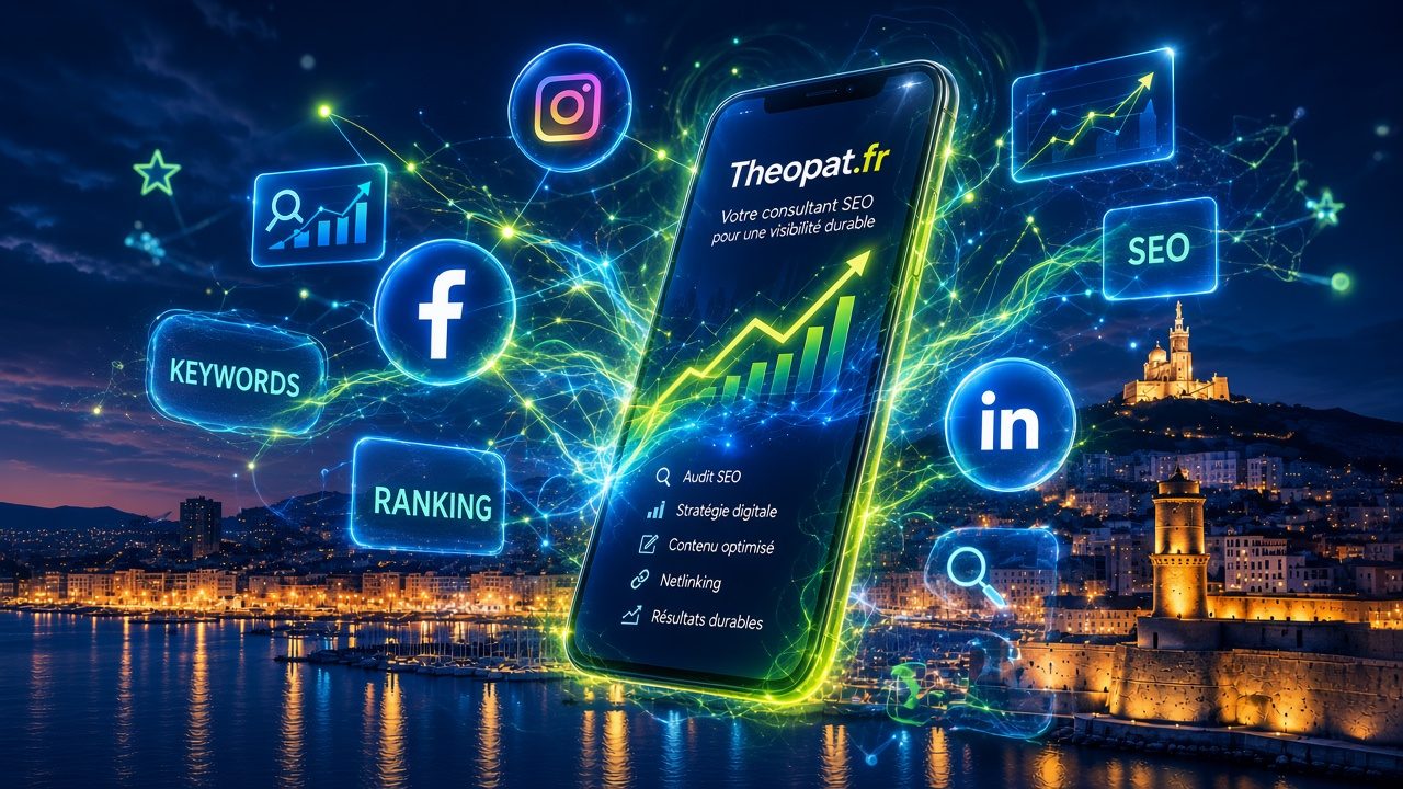 Theopat.fr, votre consultant SEO à Marseille : audit SEO, stratégie digitale, contenu optimisé et netlinking devant le Vieux-Port et Notre-Dame-de-la-Garde